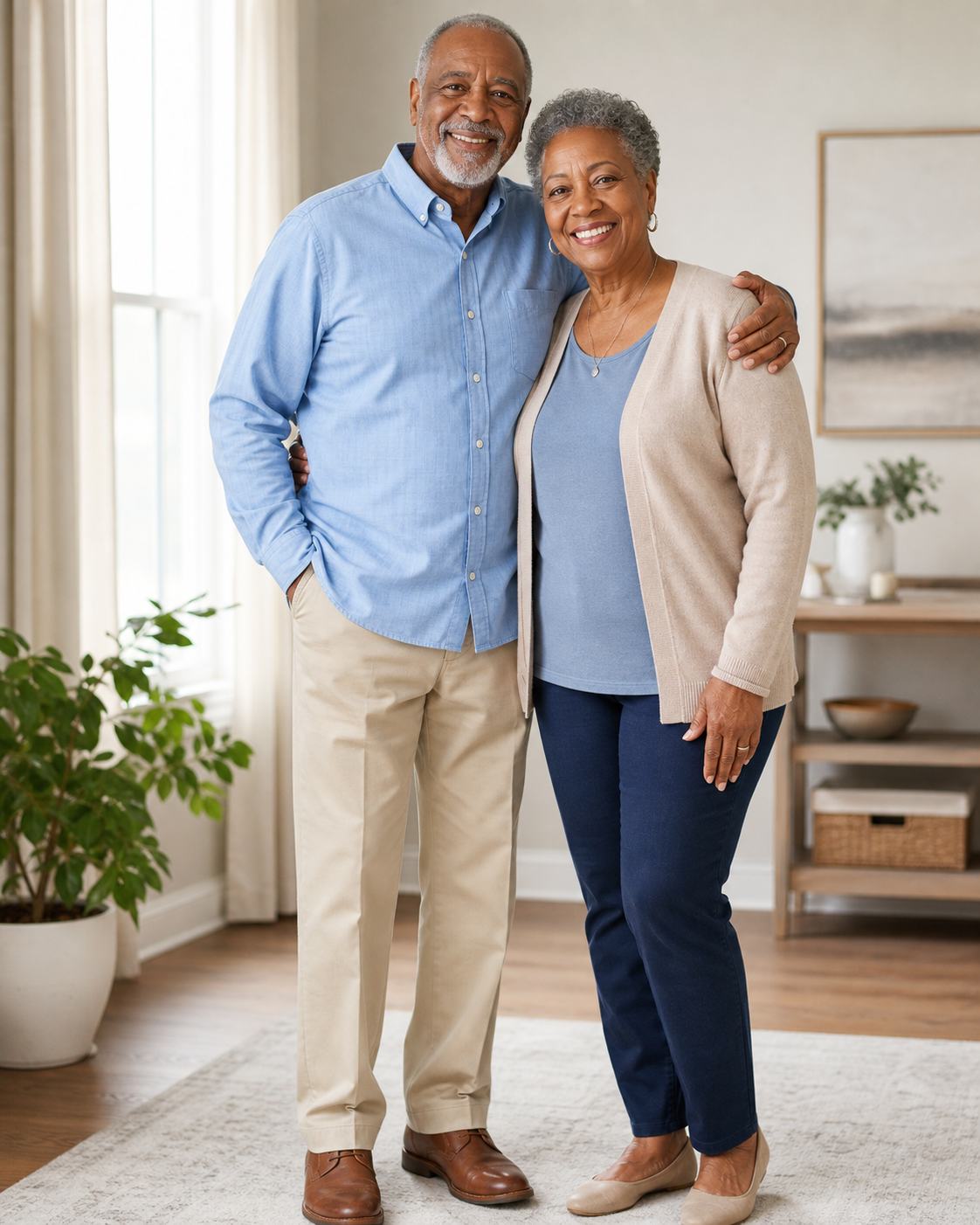 An older Black couple holding each other and smiling